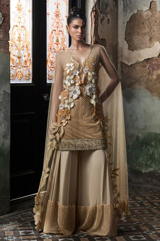 Beige oraan grid work sharara set
