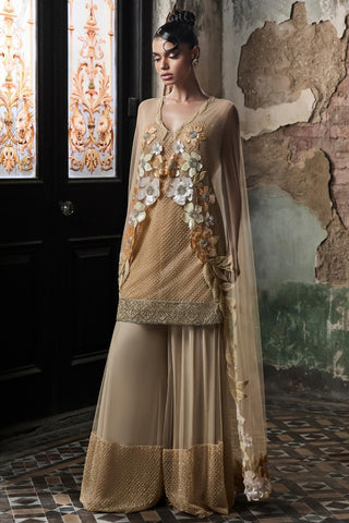 Beige oraan grid work sharara set