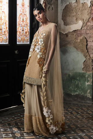 Beige oraan grid work sharara set