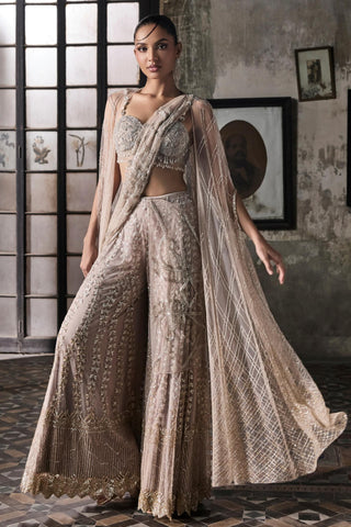 Pink oraan sharara saree with cape and blouse