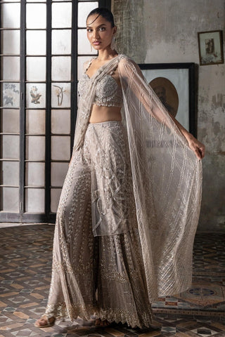 Pink oraan sharara saree with cape and blouse