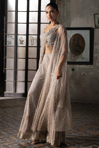 Pink oraan sharara saree with cape and blouse