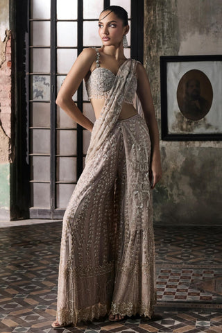 Pink oraan sharara saree with cape and blouse