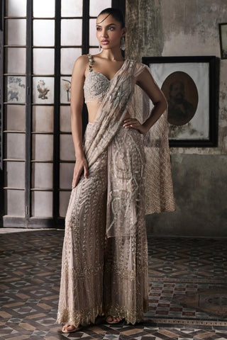 Pink oraan sharara saree with cape and blouse