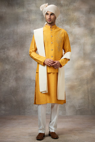 Yellow embroidered koti with kurta set
