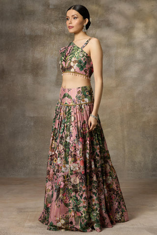 Pink one shouder printed skirt and top