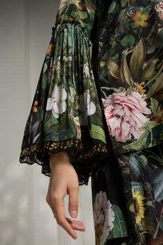 Black botanical printed tunic set