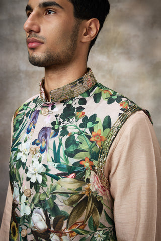 Beige printed koti with kurta set