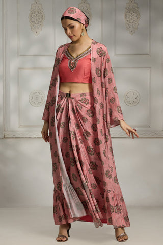 Pink embroidered printed cape set