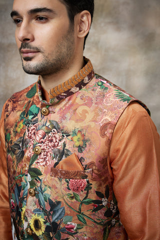Orange printed koti with kurta set