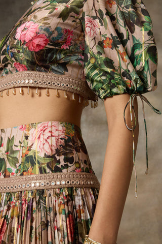 Beige floral print skirt and top set