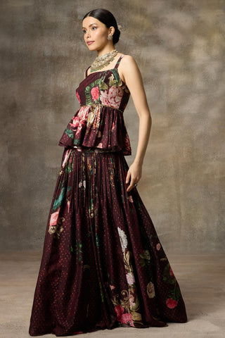 Maroon printed peplum top and skirt set