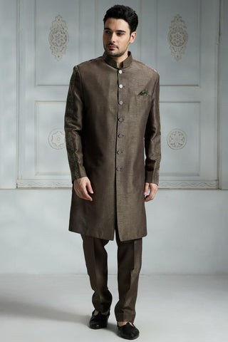 Olive green solid sherwani set