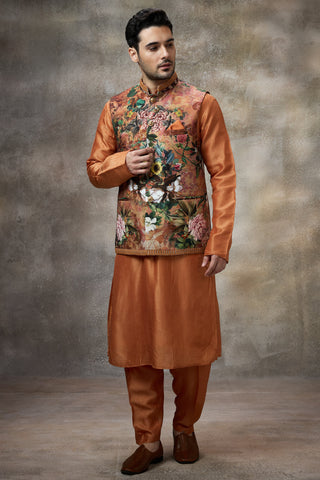 Orange printed koti with kurta set