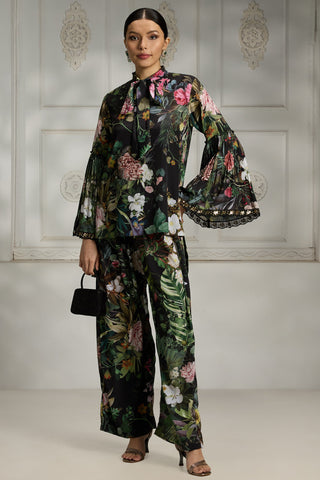 Black botanical printed tunic set