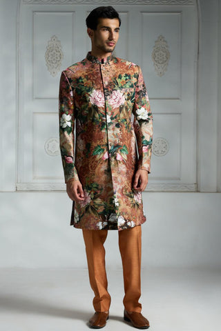 Orange printed sherwani set