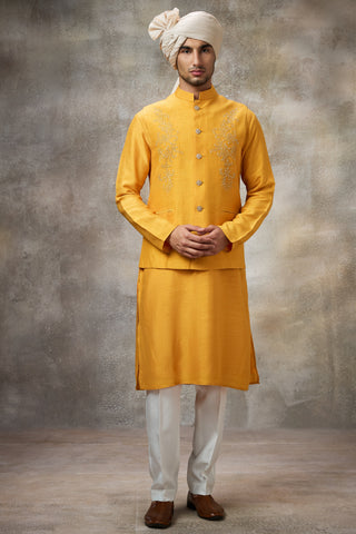 Yellow embroidered koti with kurta set