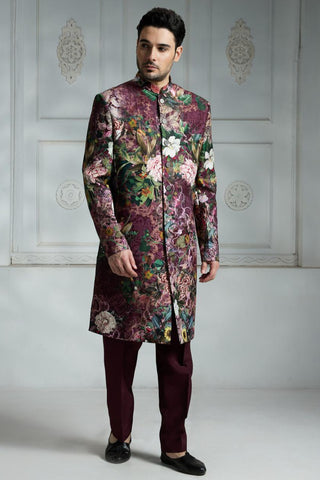 Maroon printed sherwani set
