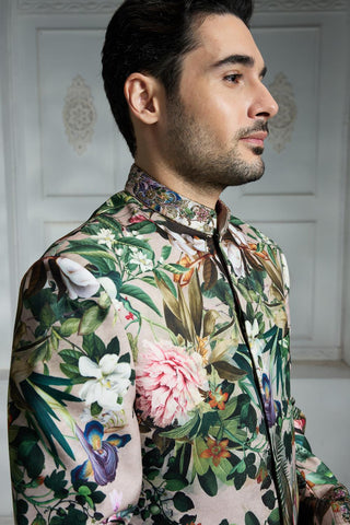 Beige printed sherwani set