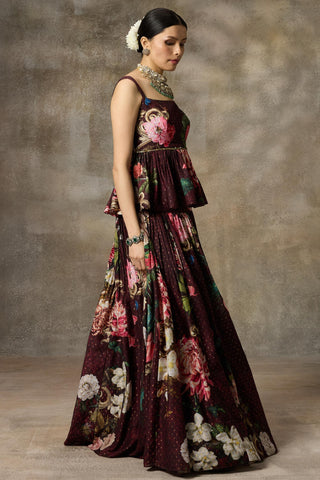 Maroon printed peplum top and skirt set