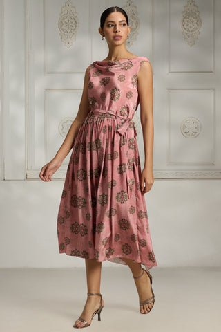 Pink cowl neck printed dress