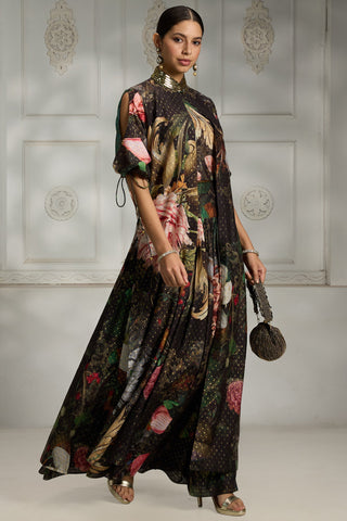 Black botanical printed cape set