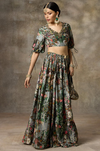 Blue botanical print skirt and top set