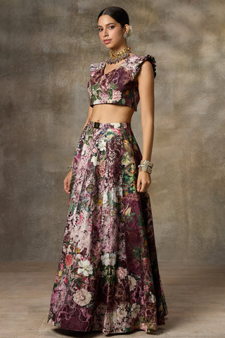 Maroon botanical print skirt and top set