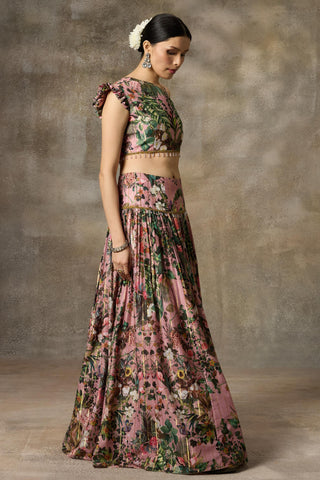 Pink one shouder printed skirt and top