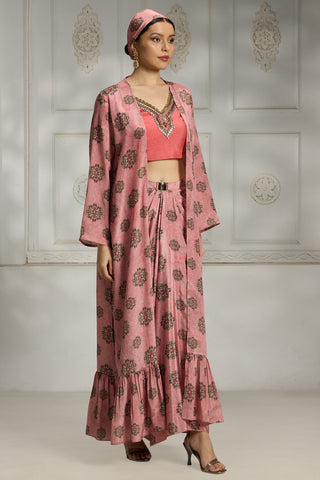 Pink embroidered printed cape set