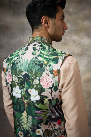 Beige printed koti with kurta set