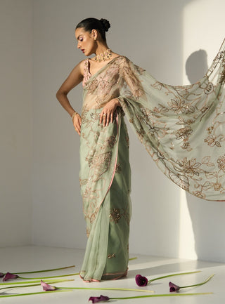 Green mansa saree and blouse piece
