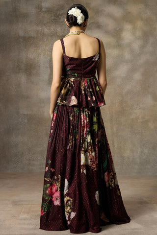Maroon printed peplum top and skirt set
