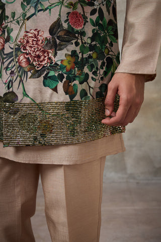 Beige printed koti with kurta set