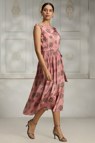 Pink cowl neck printed dress