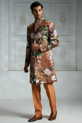 Orange printed sherwani set