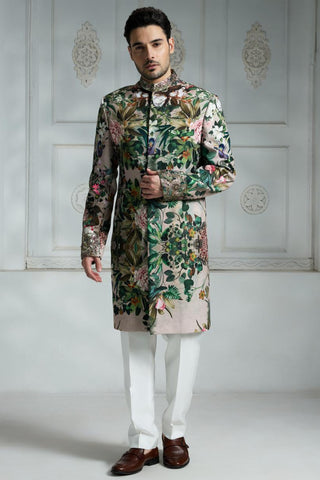Beige printed sherwani set