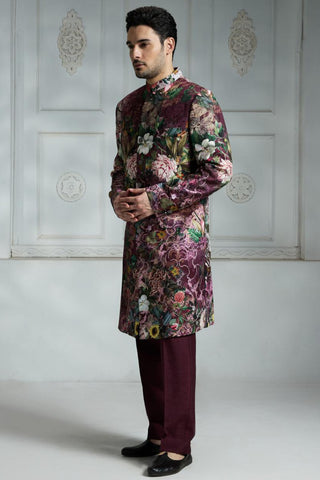 Maroon printed sherwani set