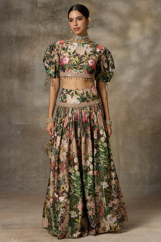 Beige floral print skirt and top set