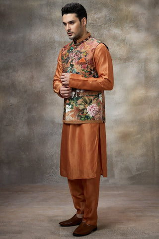 Orange printed koti with kurta set