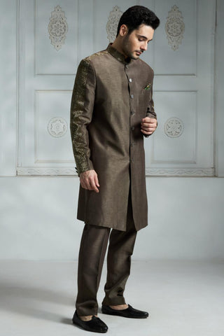 Olive green solid sherwani set