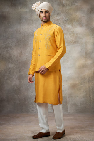 Yellow embroidered koti with kurta set