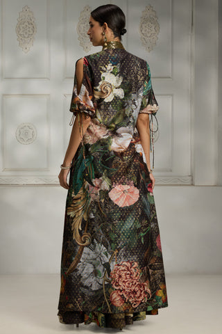 Black botanical printed cape set