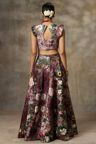 Maroon botanical print skirt and top set