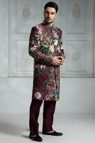 Maroon printed sherwani set
