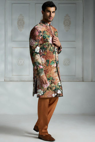 Orange printed sherwani set