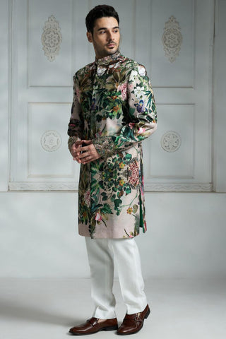 Beige printed sherwani set