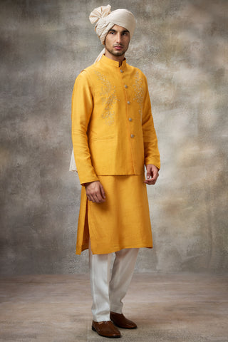 Yellow embroidered koti with kurta set