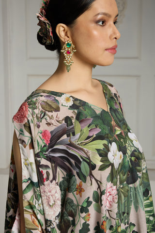 Beige botanical printed tunic set