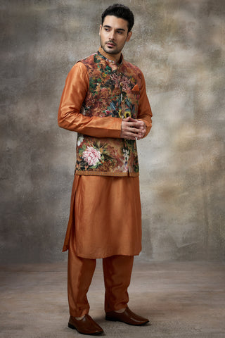 Orange printed koti with kurta set